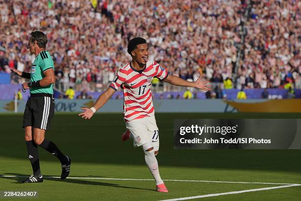 Rounded Graphics Malik Tillman of United States celebrates scoring during the second ...