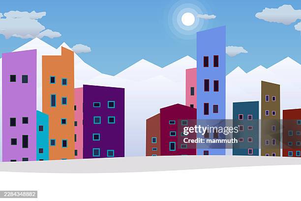 colorful city skyline illustration, snow-capped mountain range, minimalist flat design vector - crispy stock illustrations