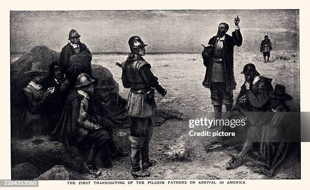 the first thanksgiving of the pilgrim fathers on arrival in america..having survived a particularly stormy passage lasting sixty-three days, the pilgrim fathers landed in massachusetts on november 11th, 1620. - cape cod stock illustrations