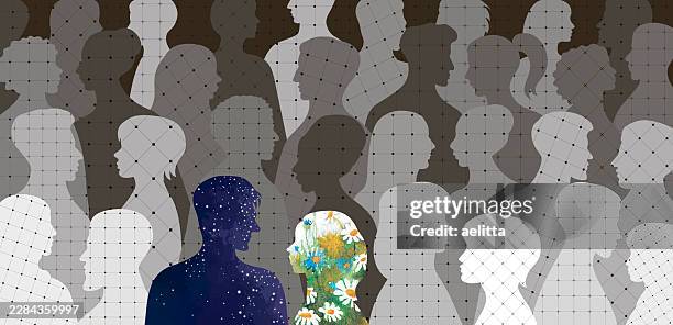 large group of people, each with a distinct grid pattern. one woman stands out, featuring a floral and greenery pattern, one man stands out, featuring a cosmic pattern. - employee portrait grid stock illustrations
