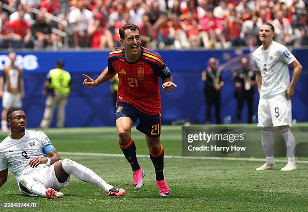 Mikel Oyarzabal of Spain celebrates after scoring his team’s first goal during the FIFA World Cup 2026 Round of 32 match between Spain and Austria at...