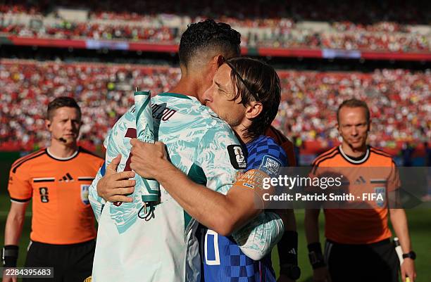 Cristiano Ronaldo of Portugal and Luka Modric of Croatia embrace before the FIFA World Cup 2026 Round of 32 match between Portugal and Croatia at...