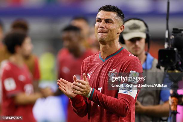 Cristiano Ronaldo of Portugal in tears after the FIFA World Cup 2026 Round Of 16 match between Portugal and Spain at Dallas Stadium on July 6, 2026...