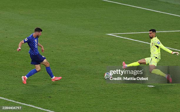 Petar Sucic of Croatia shoots ad is rules offside on his attempt against Diogo Costa of Portugal during the FIFA World Cup 2026 Round of 32 match...