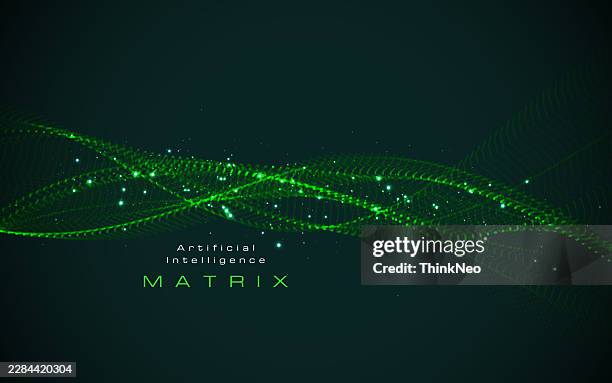 glowing dynamic flow cyber tech particle background - green artificial intelligence background eps stock illustrations