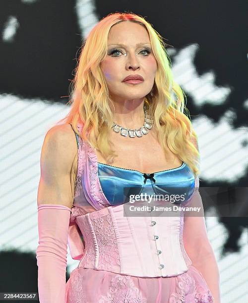 Madonna is seen performing a surprise concert in Times Square on June 04, 2026 in New York City.