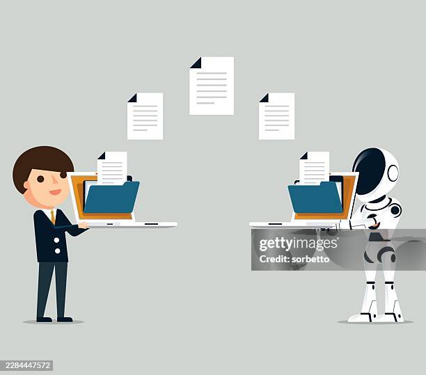 robot - transferred documents - laptop - delivery robots stock illustrations