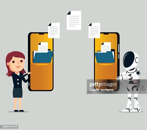 robot - transferred documents - smartphone - delivery robots stock illustrations