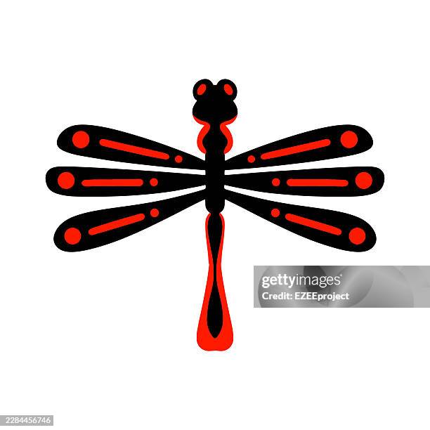 red and black dragonfly vector illustration, striped wing dragonfly flat design icon, insect dragonfly silhouette with red pattern wings - ladybug flying stock illustrations