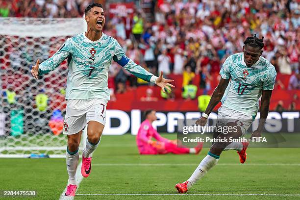 Cristiano Ronaldo of Portugal celebrates after scoring his team’s first goal during the FIFA World Cup 2026 Round of 32 match between Portugal and...