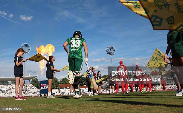 Joe Clarke of Notts Outlaws Men makes his way out to bat during the Vitality Blast Men match between Notts Outlaws Men and Lancashire Lightning Men...