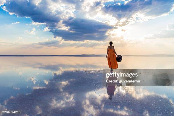 mujer caminando por saltlake al atardecer - escena de tranquilidad fotografías e imágenes de stock