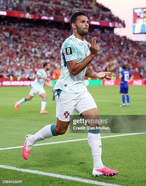 Goncalo Ramos of Portugal celebrates scoring his side's goal during the FIFA World Cup 2026 Round Of 32 match between Portugal and Croatia at Toronto...