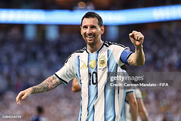 Lionel Messi of Argentina celebrates after the team's second goal by Lisandro Martinez during the FIFA World Cup 2026 Round of 32 match between...