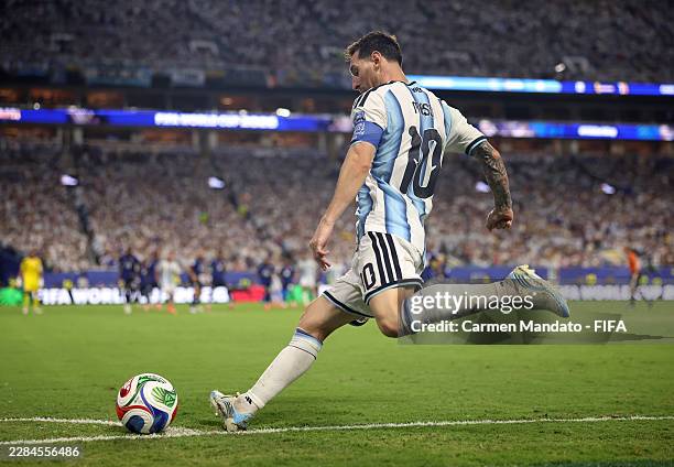 Lionel Messi of Argentina takes a corner kick during the FIFA World Cup 2026 Round of 32 match between Argentina and Cabo Verde at Miami Stadium on...