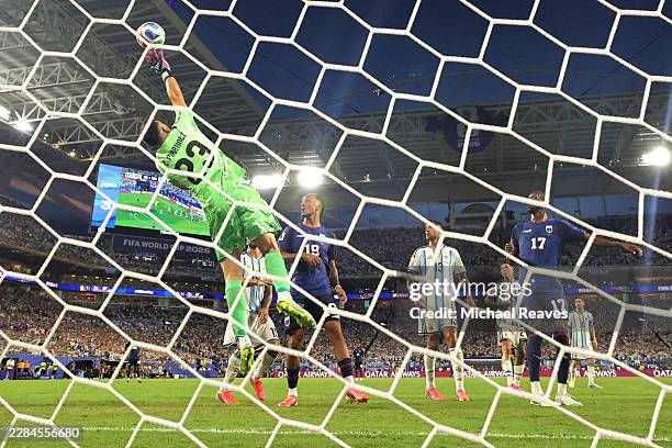 Emiliano Martinez of Argentina makes a save during the FIFA World Cup 2026 Round of 32 match between Argentina and Cabo Verde at Miami Stadium on...