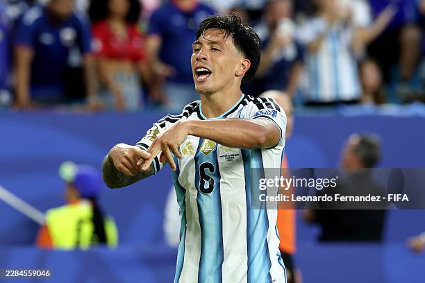 Lisandro Martinez of Argentina celebrates scoring his team's second goal during the FIFA World Cup 2026 Round Of 32 match between Argentina and Cabo...