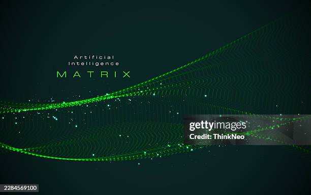 glowing dynamic flow cyber tech particle background - green artificial intelligence background eps stock illustrations