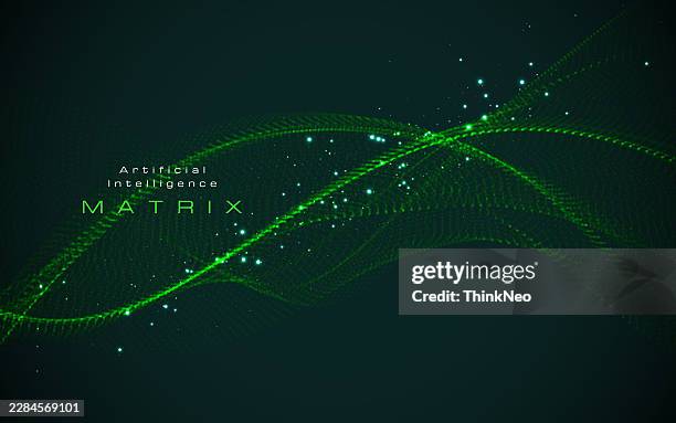 glowing dynamic flow cyber tech particle background - green artificial intelligence background eps stock illustrations