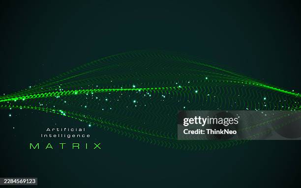 glowing dynamic flow cyber tech particle background - green artificial intelligence background eps stock illustrations