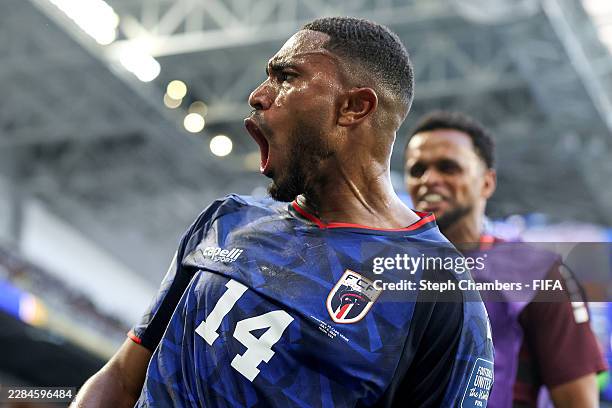 Deroy Duarte of Cabo Verde celebrates scoring his team's first goal during the FIFA World Cup 2026 Round of 32 match between Argentina and Cabo Verde...