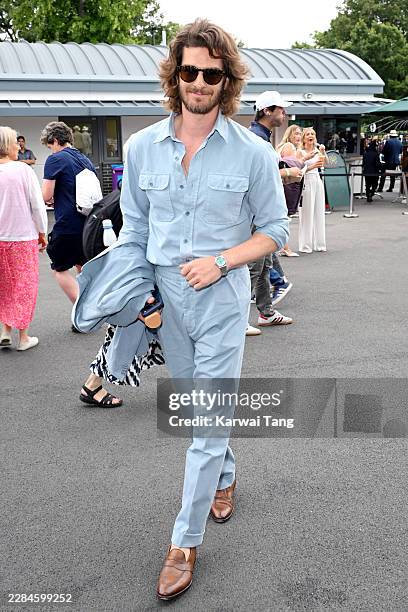 Andrew Garfield during day six of the 2026 Wimbledon Tennis Championships at the All England Lawn Tennis and Croquet Club on July 04, 2026 in London,...