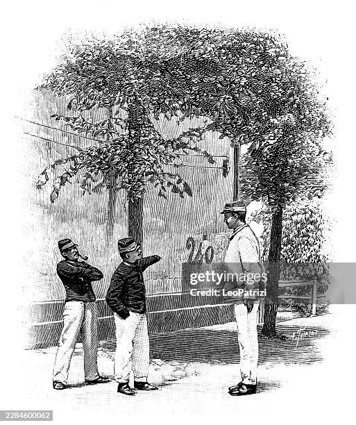 cadets gesturing toward a numbered courtyard wall under tall trees in a satirical academy scene - space cadet stock illustrations