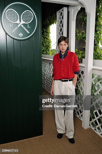 Emma Corrin, wearing Ralph Lauren, attends the Ralph Lauren suite during The Championships, Wimbledon at All England Lawn Tennis and Croquet Club on...