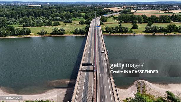 An aerial view shows the closed Bonn North Bridge on the A565 motorway in Bonn, western Germany on July 7, 2026. The dilapidated Bonn North Bridge on...