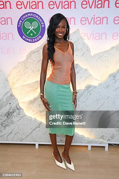 Leomie Anderson attends the evian 'Mountain of Youth' VIP Suite during Day 10 of The Championships, Wimbledon 2026 on July 8 joining evian in...