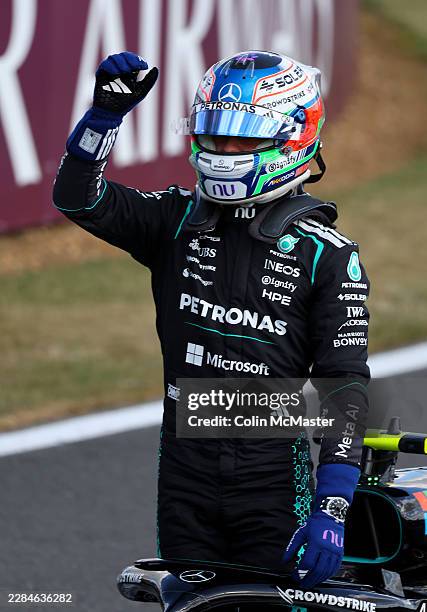 Pole position qualifier Andrea Kimi Antonelli of Italy and Mercedes AMG Petronas F1 Team celebrates in parc ferme during qualifying ahead of the F1...