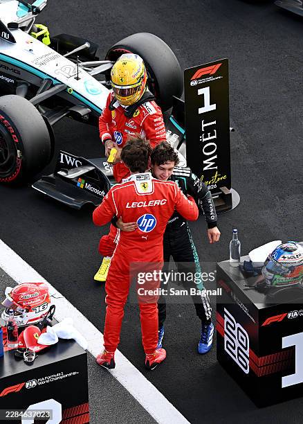 Pole position qualifier Andrea Kimi Antonelli of Italy and Mercedes AMG Petronas F1 Team Second placed qualifier Charles Leclerc of Monaco and...