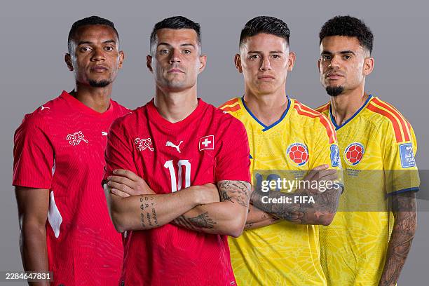 In this photo illustration, Manuel Akanji and Granit Xhaka of Switzerland and James Rodriguez and Luis Diaz of Colombia ahead of the FIFA World Cup...