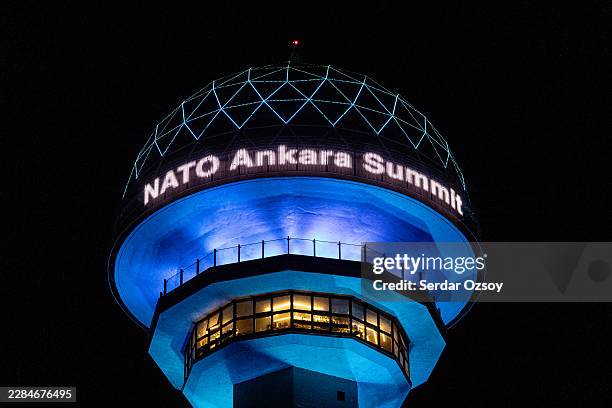 The Atakule tower is illuminated in blue for the 2026 NATO summit on July 5, 2026 in Ankara, Turkey. Ankara, Turkey's capital is making final...