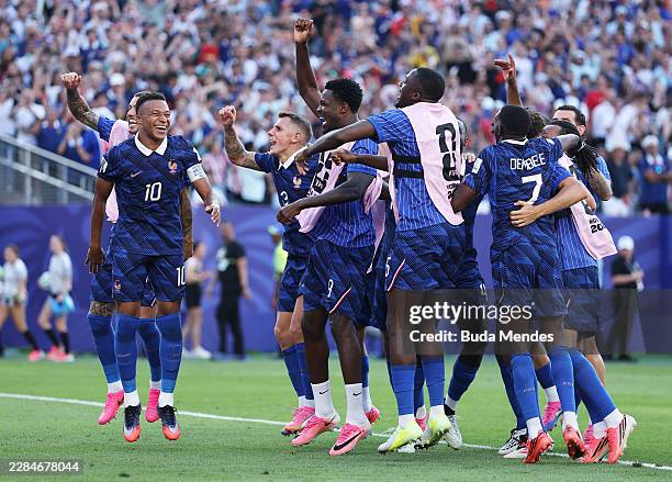 Kylian Mbappe of France and teammates celebrate after the 1-0 victory during the FIFA World Cup 2026 Round of 16 match between Paraguay and France at...