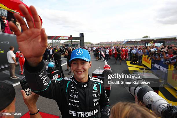 Second placed George Russell of Great Britain and Mercedes AMG Petronas F1 Team celebrates in parc ferme during the F1 Grand Prix of Great Britain at...