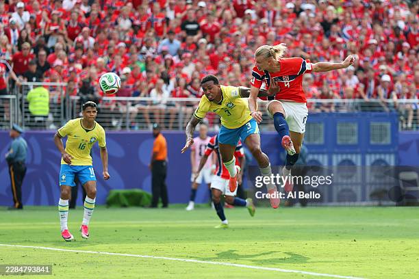 Erling Haaland of Norway scores his team's first goal during the FIFA World Cup 2026 Round of 16 match between Brazil and Norway at New York New...
