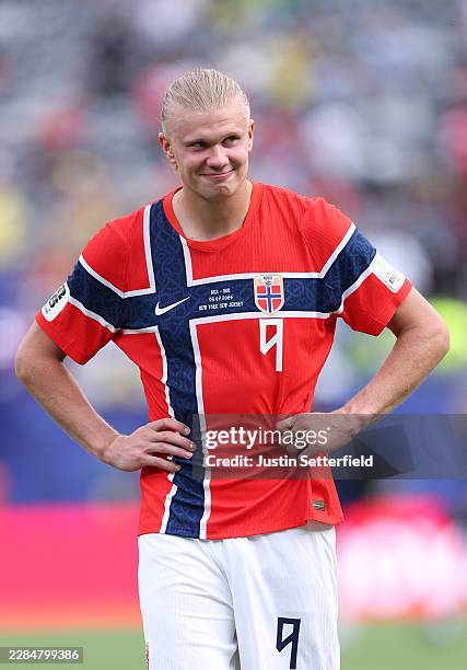 Erling Haaland of Norway celebrates after the 2-1 victory during the FIFA World Cup 2026 Round of 16 match between Brazil and Norway at New York New...