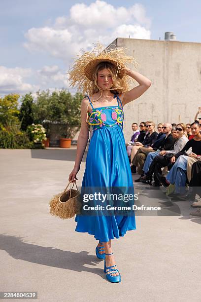 Model walks the runway at the Marie-Louise Müller fashion show during the Berlin Fashion Week Spring/Summer 2027 at Lobe Block on July 5, 2026 in...