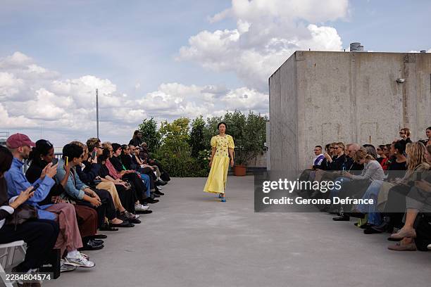 Model walks the runway at the Marie-Louise Müller fashion show during the Berlin Fashion Week Spring/Summer 2027 at Lobe Block on July 5, 2026 in...