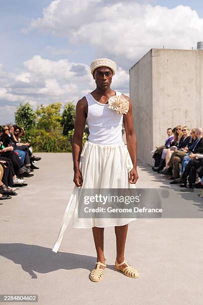 Model walks the runway at the Marie-Louise Müller fashion show during the Berlin Fashion Week Spring/Summer 2027 at Lobe Block on July 5, 2026 in...