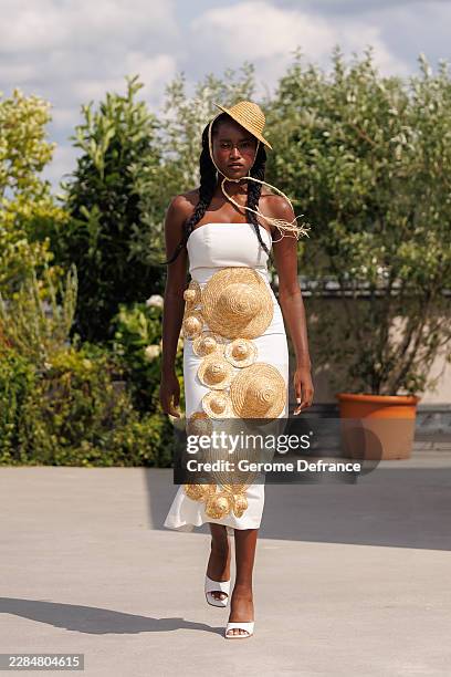 Model walks the runway at the Marie-Louise Müller fashion show during the Berlin Fashion Week Spring/Summer 2027 at Lobe Block on July 5, 2026 in...