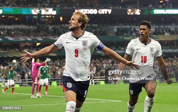 Harry Kane of England celebrates after scoring his team’s third goal during the FIFA World Cup 2026 Round of 16 match between Mexico and England at...