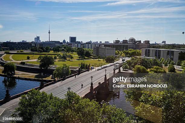 View taken during a media tour on June 24, 2026 from inside of the new temporary office of the German President , showing the Moltke Bridge , the...