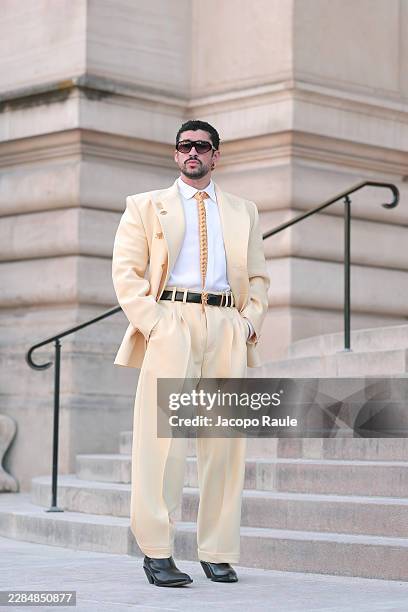 Bad Bunny attends the Schiaparelli Haute Couture Fall/Winter 2026/2027 show as part of Paris Fashion Week on July 06, 2026 in Paris, France.