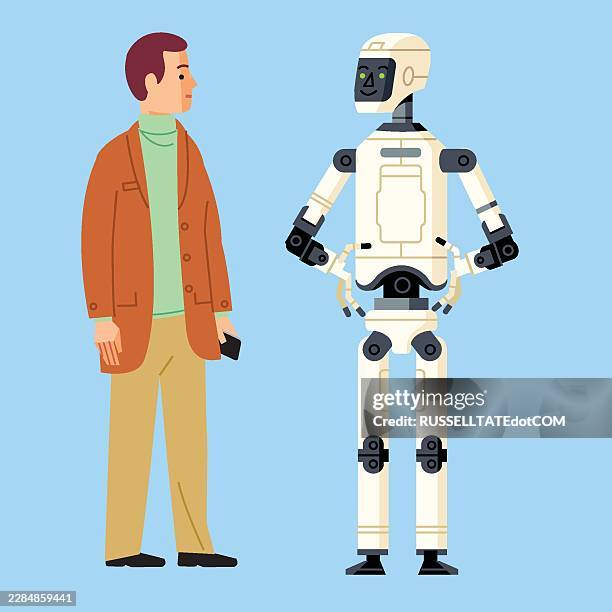 friendly humanoid robot talking with man – artificial intelligence assistant, human and ai interaction flat vector illustration - pre approved stock illustrations