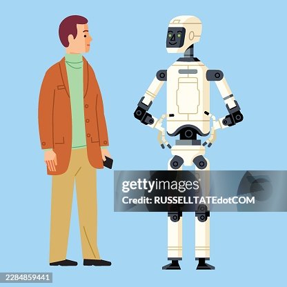 Friendly humanoid robot talking with man – artificial intelligence assistant, human and AI interaction flat vector illustration Friendly humanoid robot talking with man – artificial intelligence assistant, human and AI interaction flat vector illustration