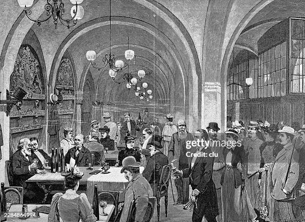 bremen ratskeller wine hall — long queue of visitors waits under vaulted ceilings while guests drink wine at crowded tables - ceiling lighting stock illustrations