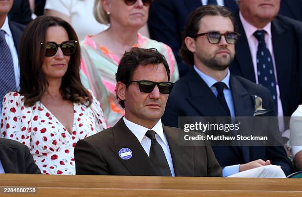 Former tennis player Roger Federer is seen attending in the Royal Box on day eight of The Championships Wimbledon 2026 at All England Lawn Tennis and...