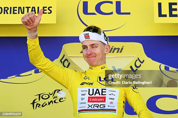 Tadej Pogacar of Slovenia and UAE Team Emirates - XRG celebrates at podium as Yellow Leader Jersey winner during 113th Tour de France 2026, Stage 3 a...
